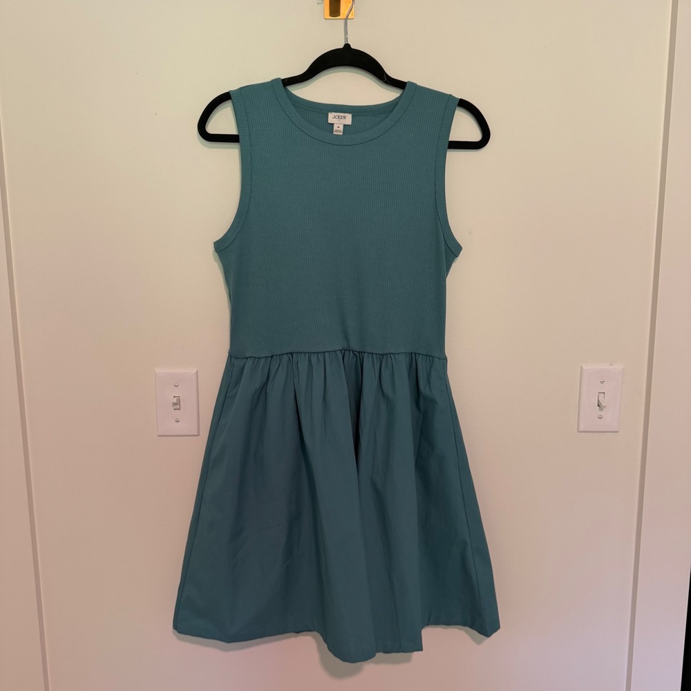 J.Crew Womens Ribbed Knit Poplin Mixed Media Mini Dress Teal Blue Green Size M